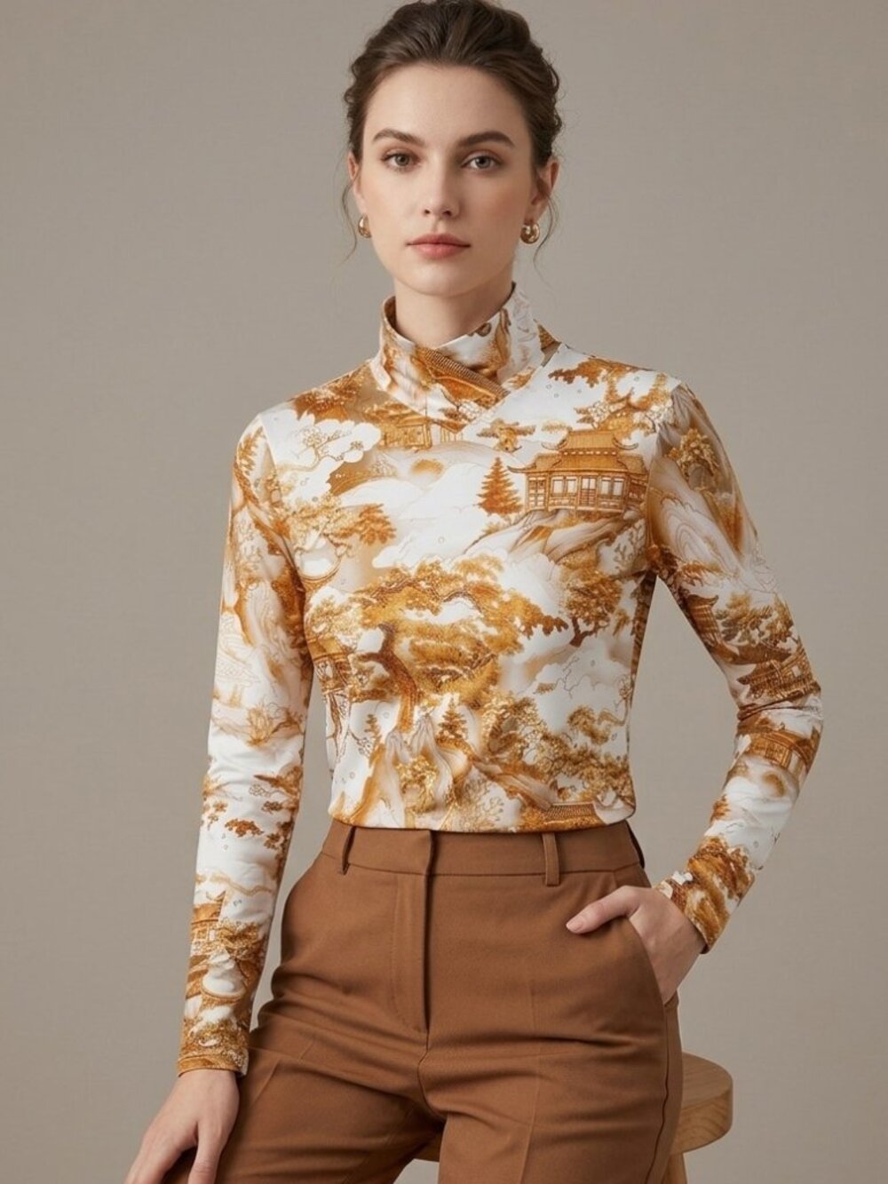Oriental Print Lightweight Turtleneck Large
